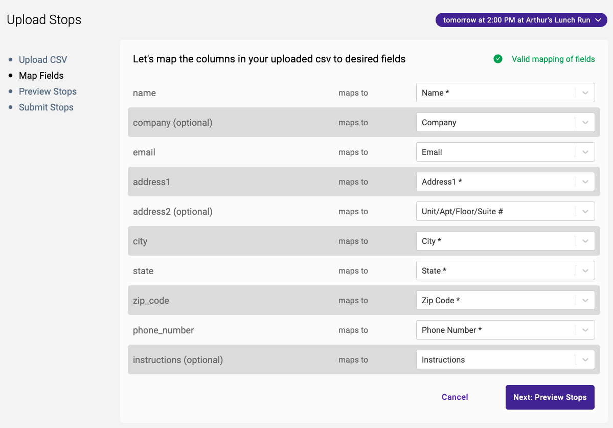 CSV Upload of Stops — illustration