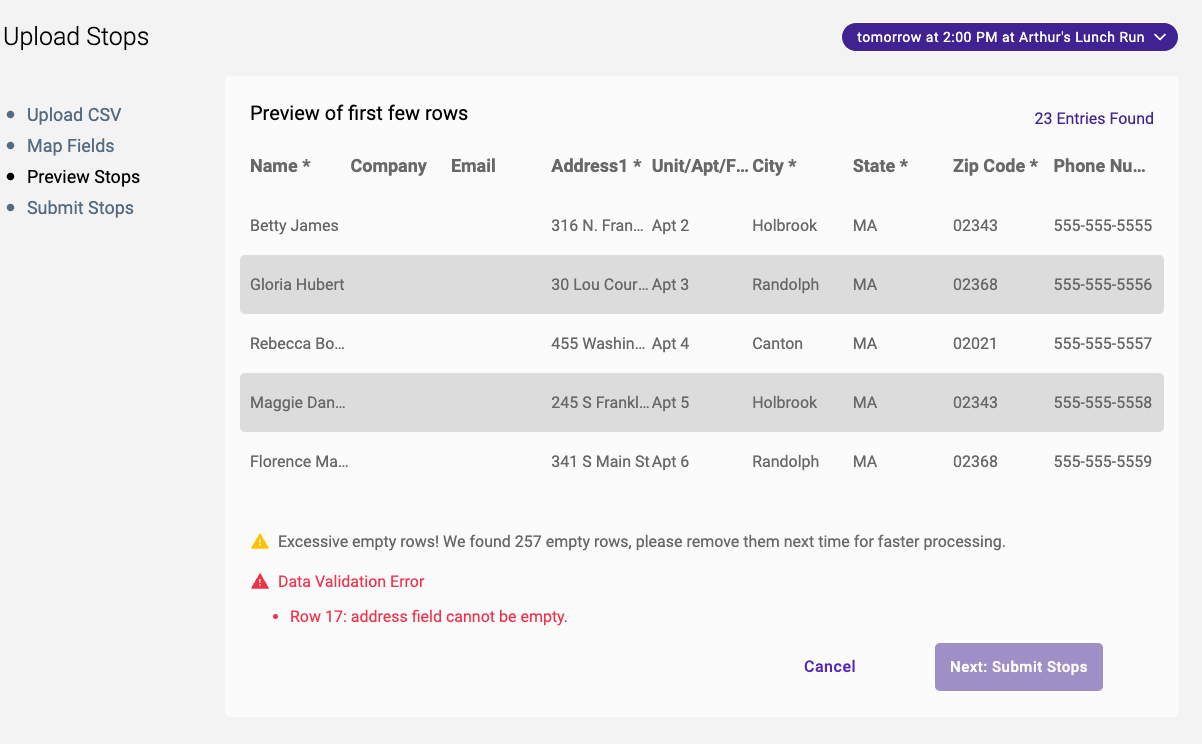 CSV Upload of Stops — illustration
